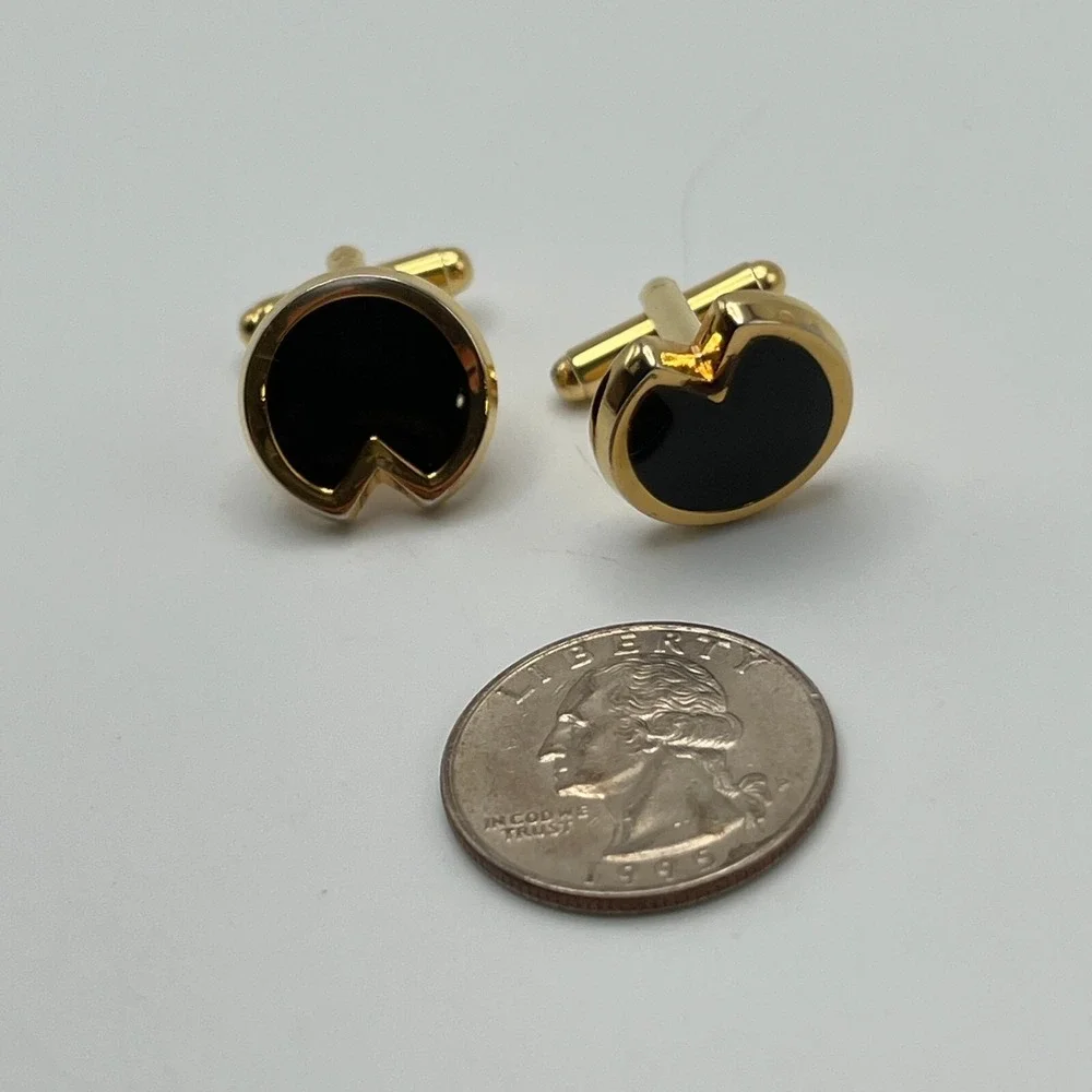 Vintage 80s Cuff Links Art Deco Black Enamel Gold Tone Cuff Studs